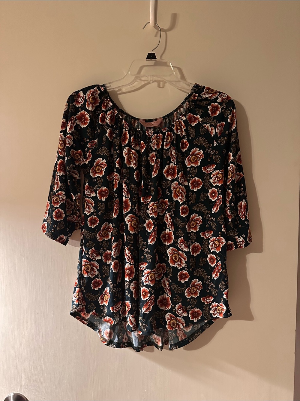Black Floral Peasant Blouse with Rust Blooms